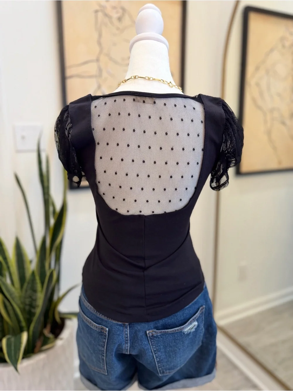Free People Black Ruched Mesh Swiss Dot Puff Sleeve Top Women’s Small